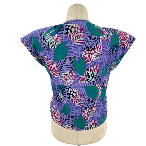 Vintage 90s Purple Leaf Print Boxy Blouse Tropical Cotton Tie Front Jaclyn Smith - Picture 3 of 13